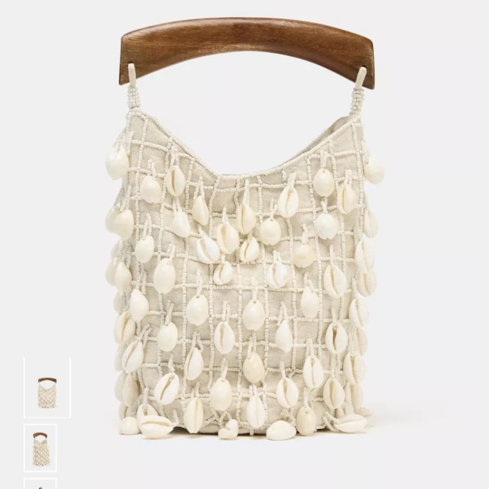 Zara Cream Beaded Shell Bag with Wooden Handle - Picture 4 of 8
